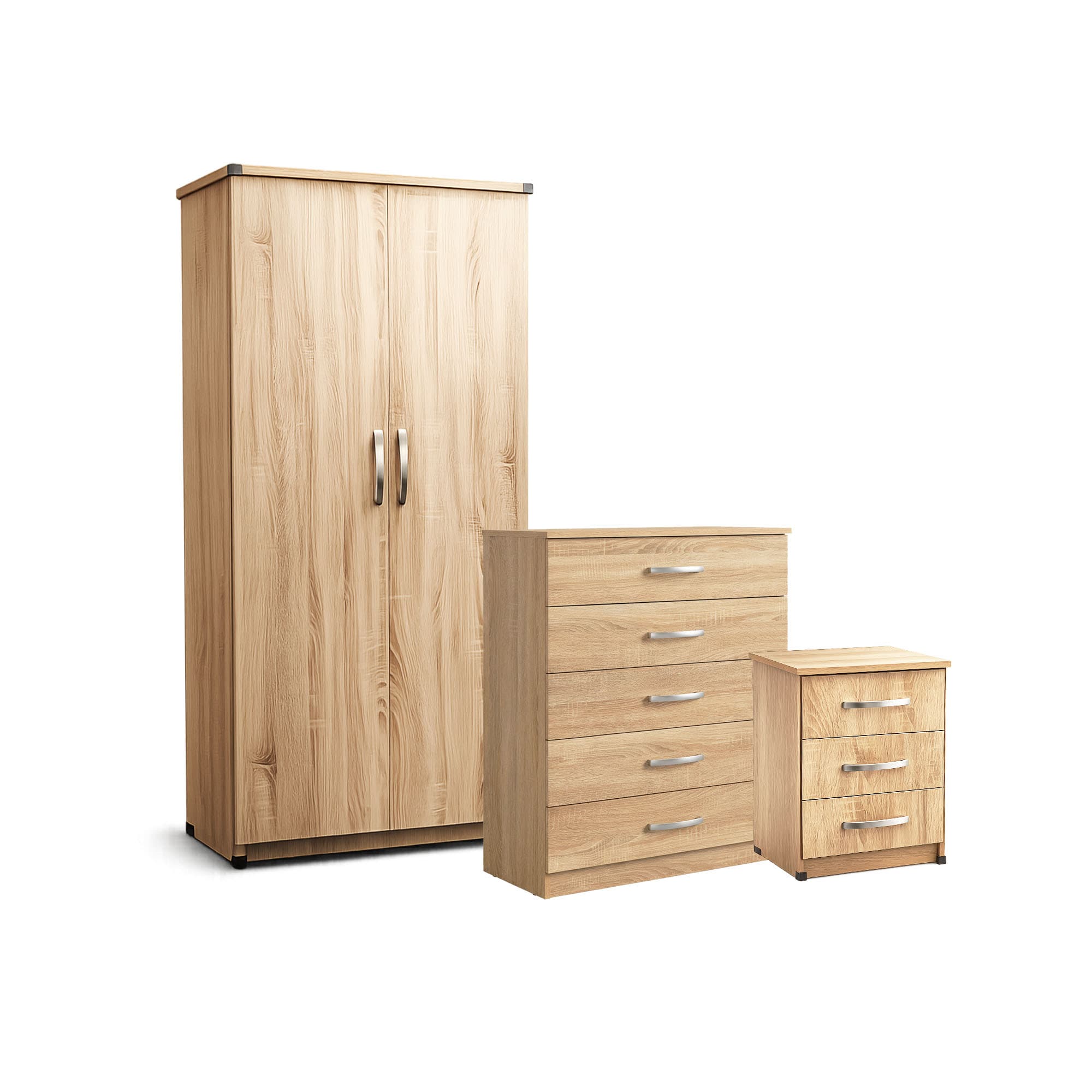 Oak bedroom furniture set with wardrobe, chest and bedside