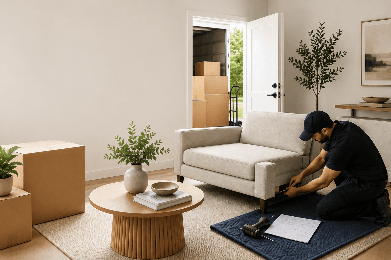Furniture assembly in a living room after delivery