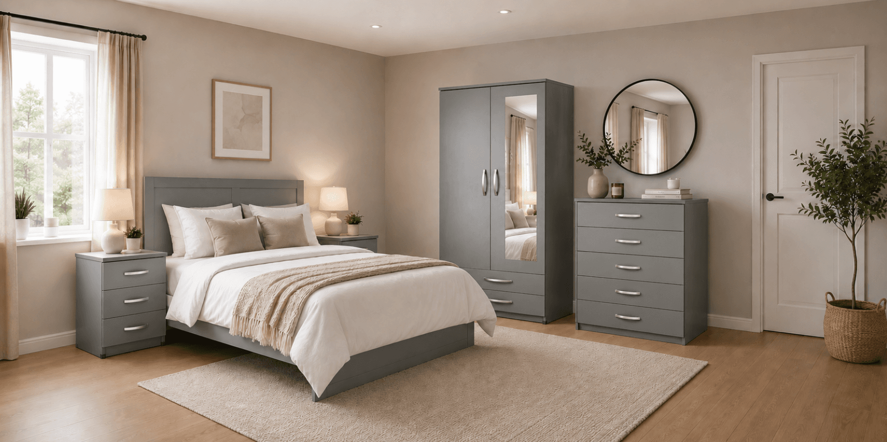Grey bedroom furniture set in a styled bedroom