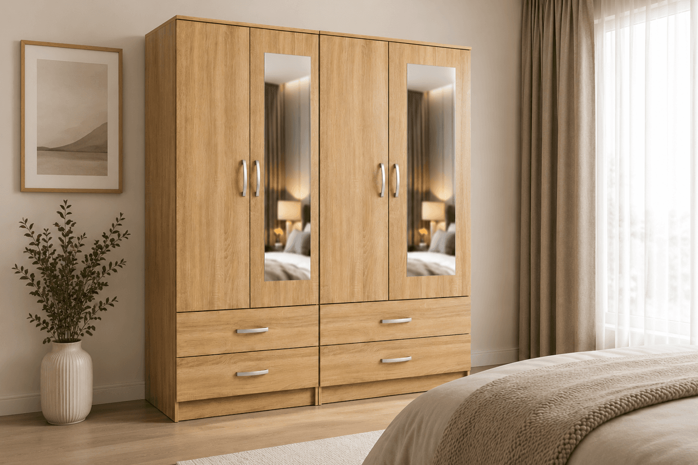 Oak mirrored wardrobe in a bedroom