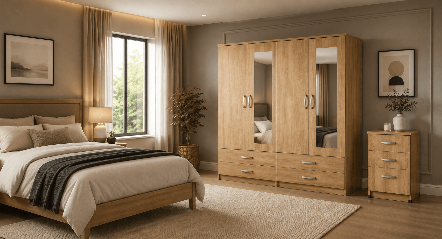Oak bedroom with 4-door mirrored wardrobe, matching chest of drawers and bed in a styled Birmingham bedroom