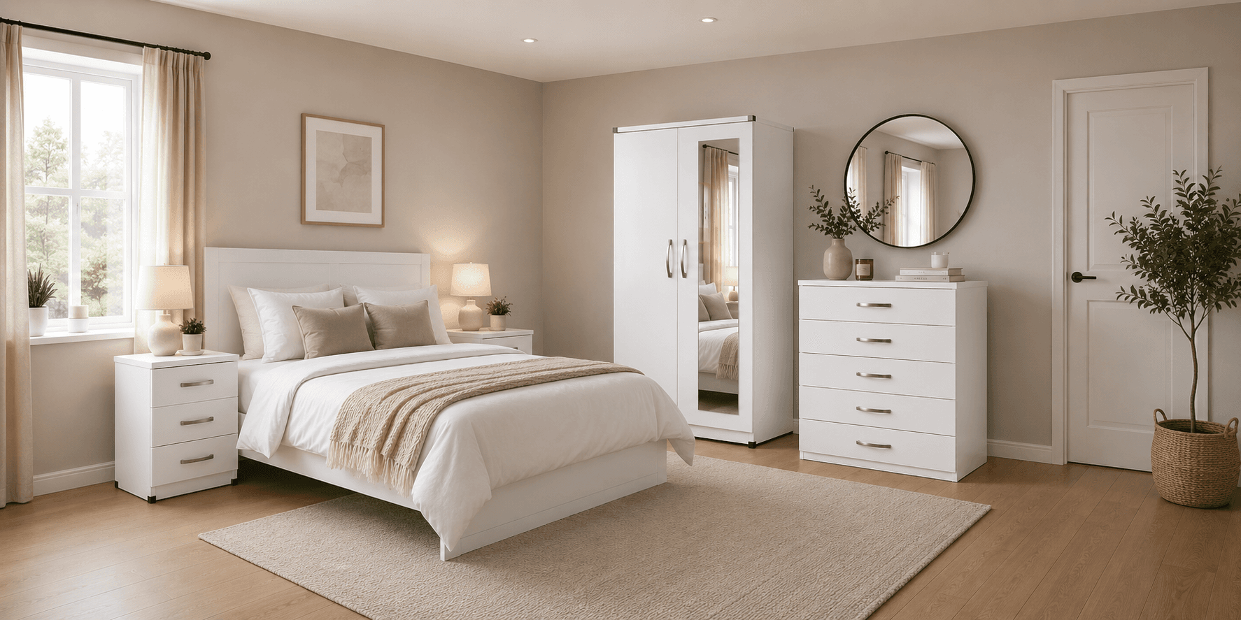White bedroom furniture set in a styled bedroom