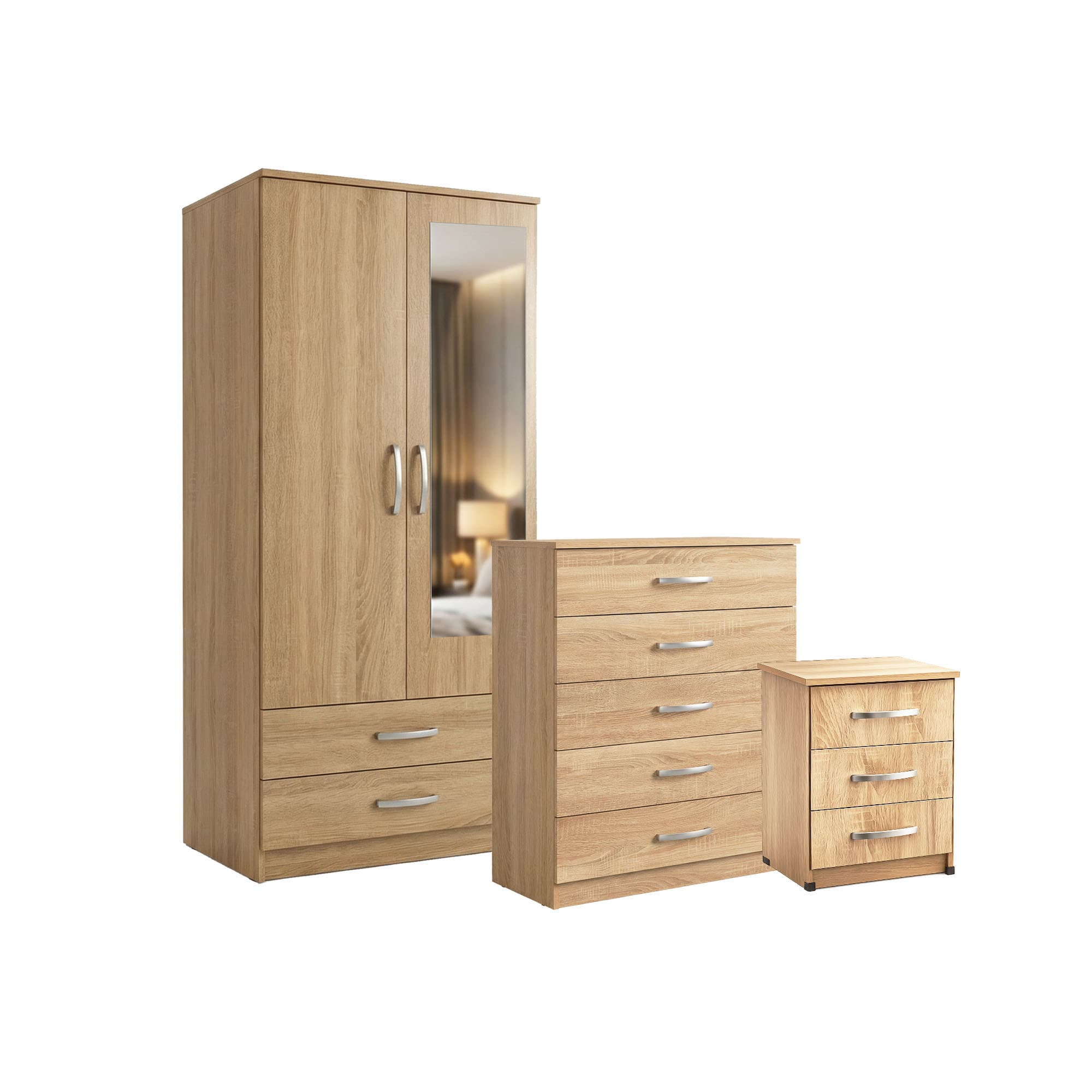 Full Bedroom Furniture Set in Oak with mirrored wardrobe
