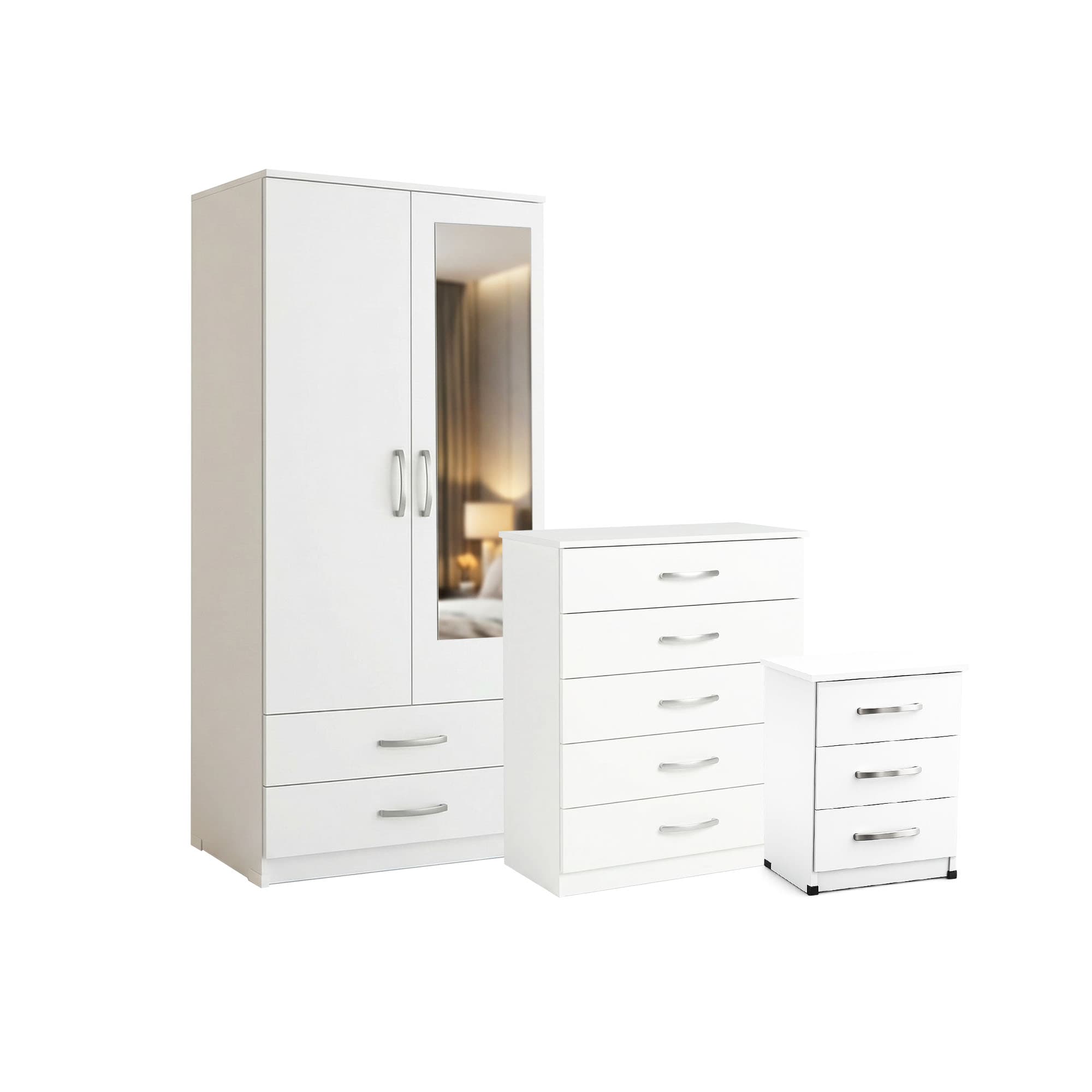 White bedroom furniture set with mirrored wardrobe
